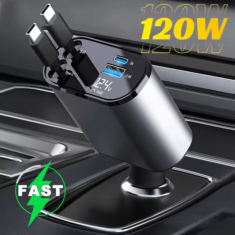 Retractable Car Charger 4 in 1 Fast Car Phone Charger 120W with USB Type C Cable